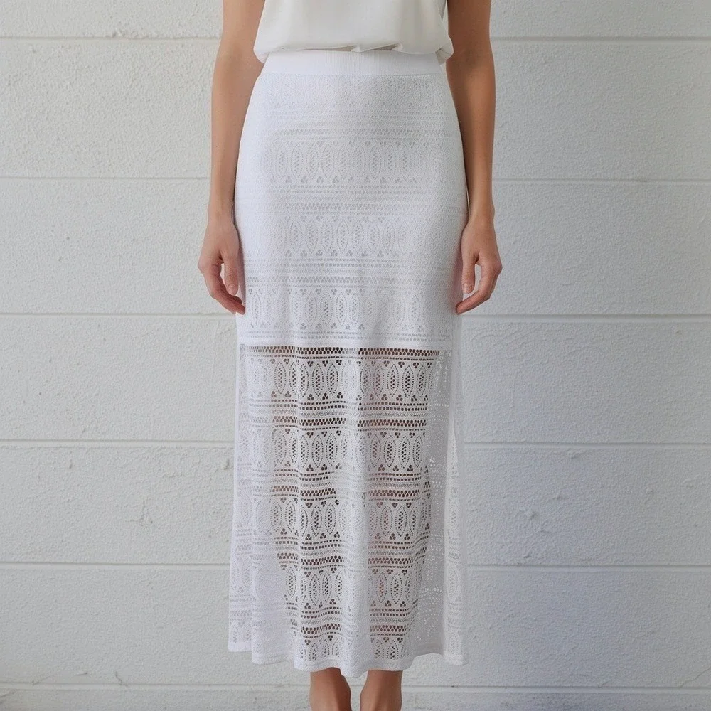 Cache White Crochet Lace Maxi Skirt Elastic Waist Boho Summer Festival Womens M